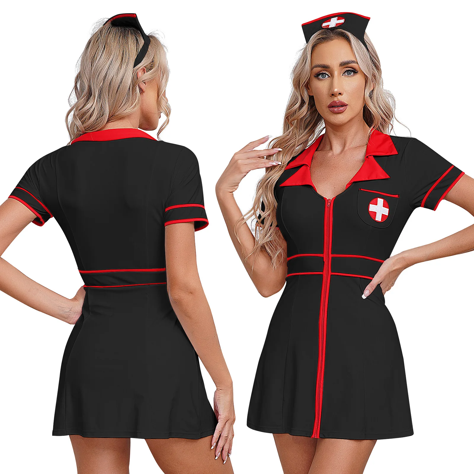 Womens Naughty Nurse Cosplay Costume Halloween Party Outfit Sweetheart Neckline Short Sleeves Tutu Dress with Headband and Belt