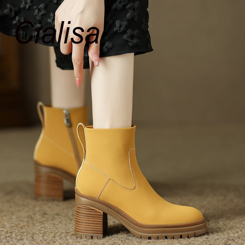 

Cialisa New Arrival Yellow Ankle Boots 2022 Autumn Winter Shoes High Quality Round Toe Zipper Handmade Thick Heels Short Boots