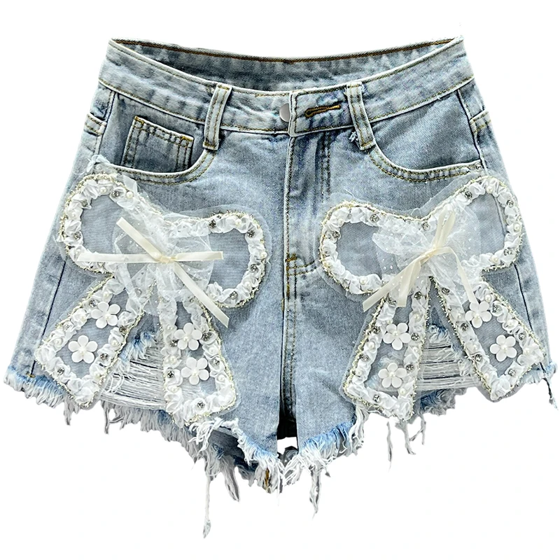 A- Line Denim Shorts Women's 2023 New Summer High Waist Slimming Short Jeans Diamond Beaded Ripped Wide-Legged Hot Pants