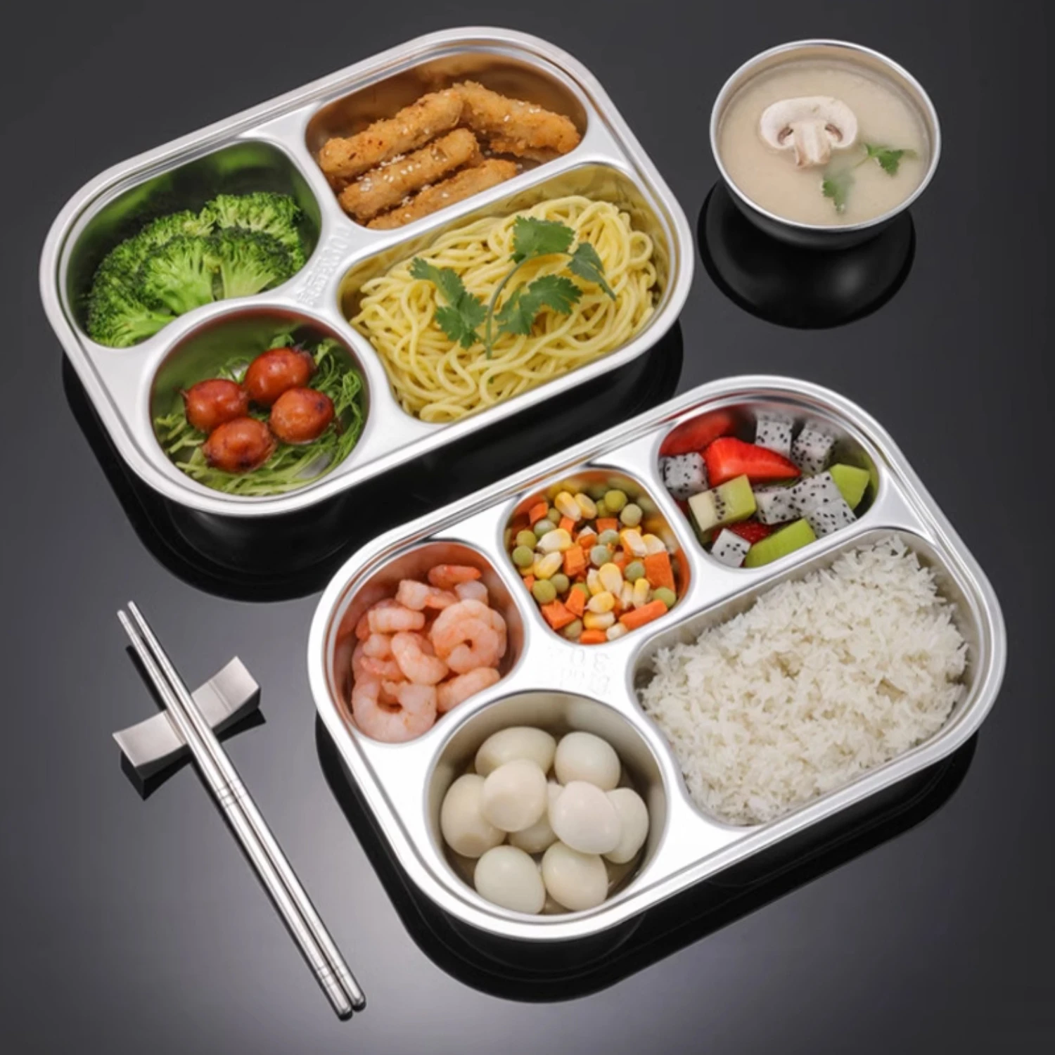 Stainless Steel Divided Plate-4/5 Sections For Healthy Meals, Dishwasher Safe, Ideal For Students & Adults