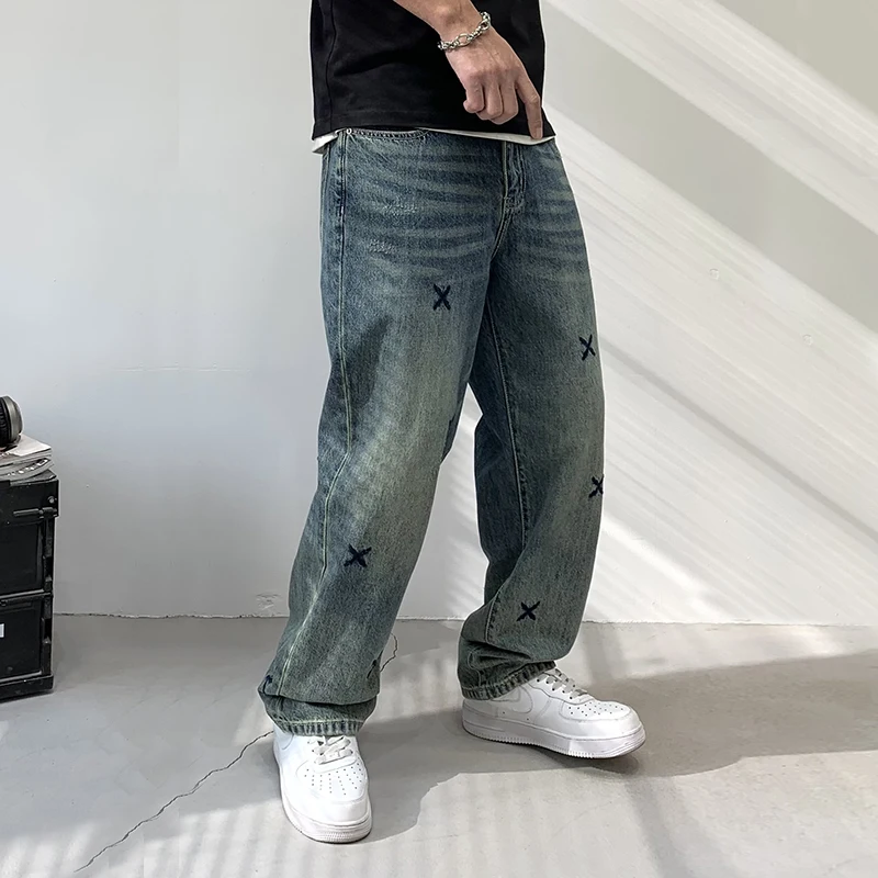 New embroidered straight leg jeans for MEN'S FASHION trendy retro loose casual versatile washed hip-hop oversized denim pant