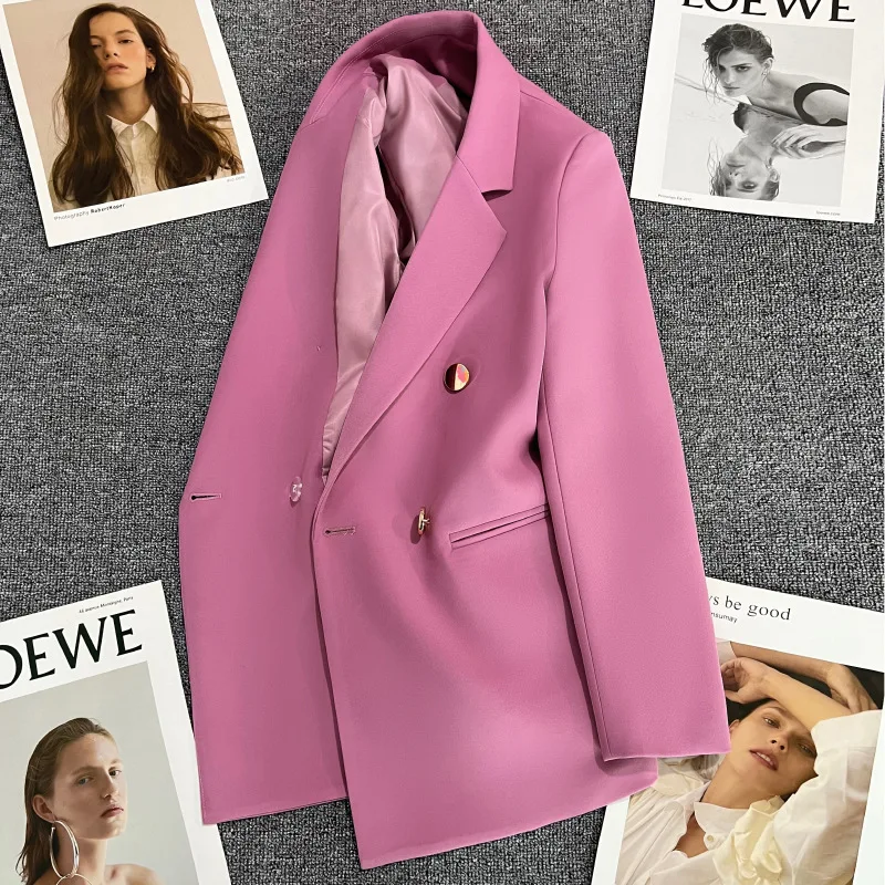 

2023 Spring Women Blazers Fashion Double Breasted Office Wear Blazer Coat Vintage Ladies Long Sleeve Pockets Female Outerwear