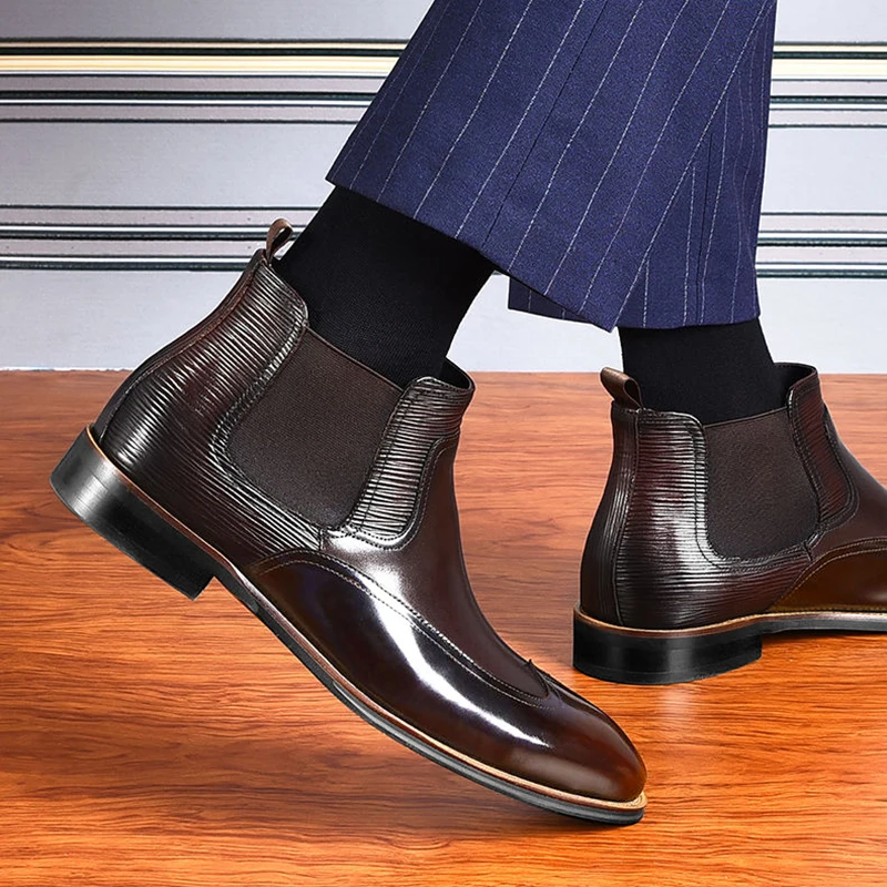New Chelsea Boots Dress Men Shoes PU Brown Fashion Versatile Business Casual British Style Street Party Wear Classic Ankle Boots