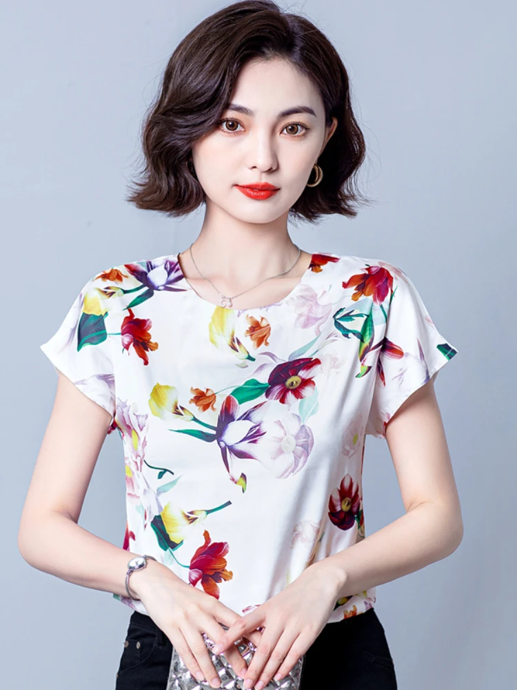 

Fashion Woman T-shirts O-Neck Print Silk Tshirt Basic Crop Top Short Blouse Tops Vintage Tee Floral 2022 Summer Shirts for Women