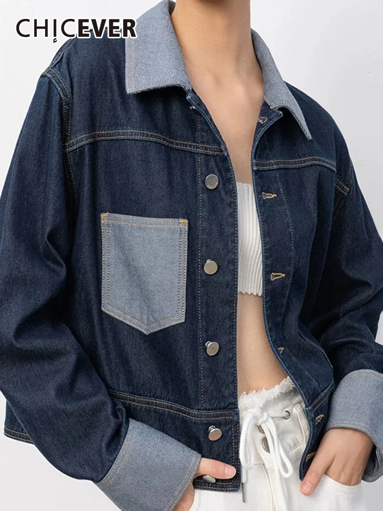 

CHICEVER Casual Loose Denim Coats For Women Lapel Long Sleeve Single Breasted Patchwork Pocket Vintage Hit Color Jackets Female