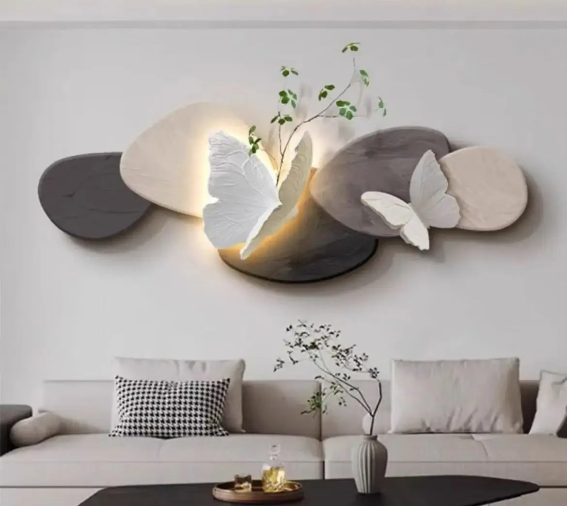 لوحة ديكور غرفة المعيشة، خلفية أريكة الفراشة، أضواء مطلية على الحائط، أضواء حائط فاخرة راقية