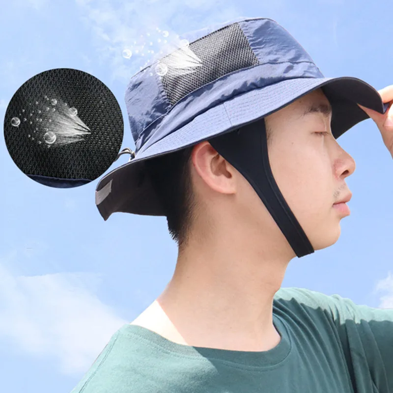 Beach Surf Cap Mesh Breathable Sun Hat UPF50+ Summer Outdoor Fishing Belt Chin Adjustable Bucket Hat Water Sport Unisex Solid
