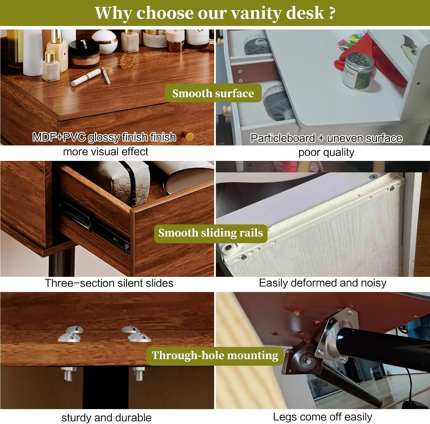 Vanity 35" W, Vanity Desk with Round Mirror and Lights, Brown Makeup Table with Chair, Open Compartment