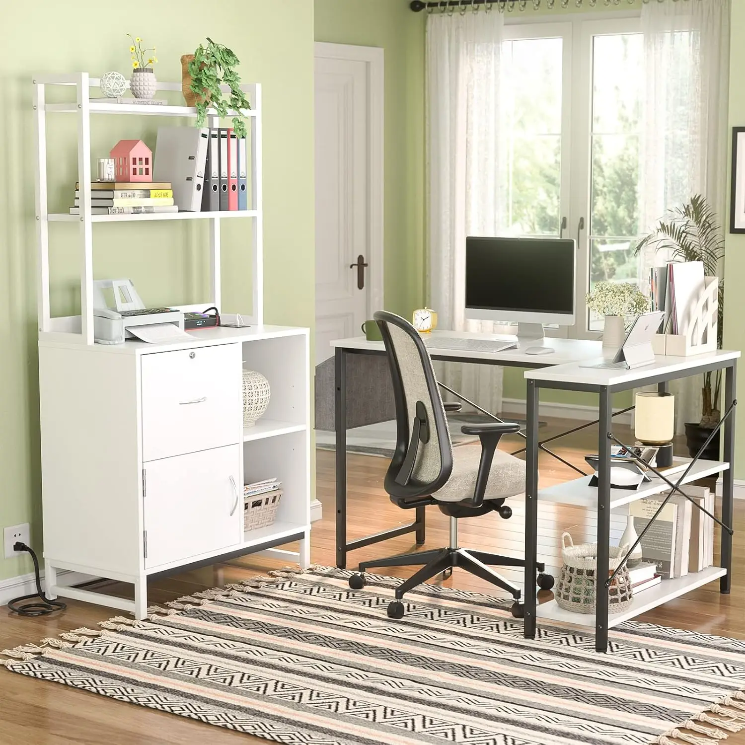 Vertical Filing Cabinet with Lock & Charging Station, Large Drawer Wood File Cabinet with Bookshelf