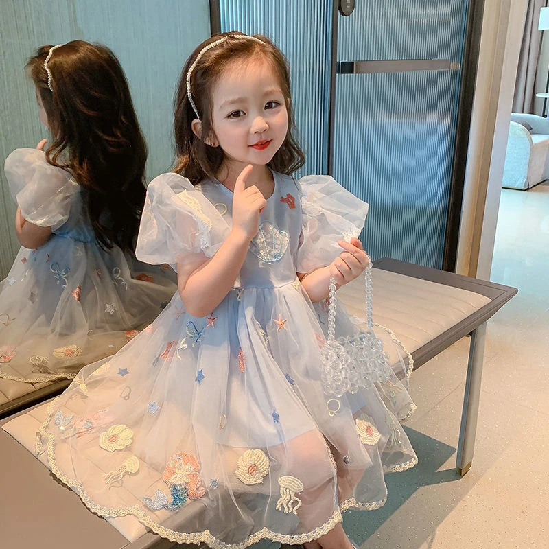 Ropa de verano para niñas, vestidos de malla bordado Floral de dibujos animados, bonitos vestidos de gasa de fiesta para niñas de 2 a 8 años| | - AliExpress