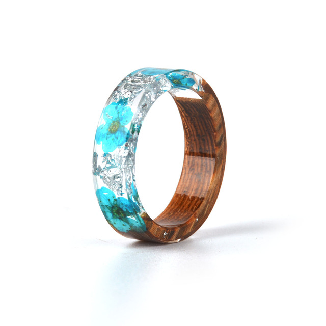 Hot Sale Handmade Wood Resin Ring Dried Flowers Plants Inside Jewelry Resin Ring Transparent Anniversary Ring for Women