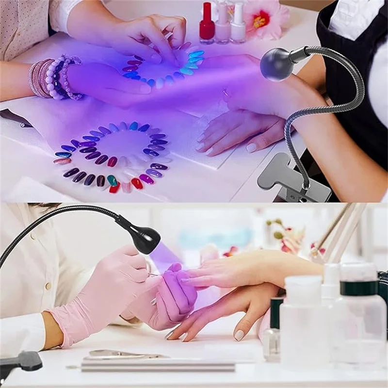 UV 네일 램프 LED 건조기 광택제 경화 램프, 유연한 구즈넥 조명 회전 고정 클립, 휴대용 매니큐어 살롱 도구, 3W