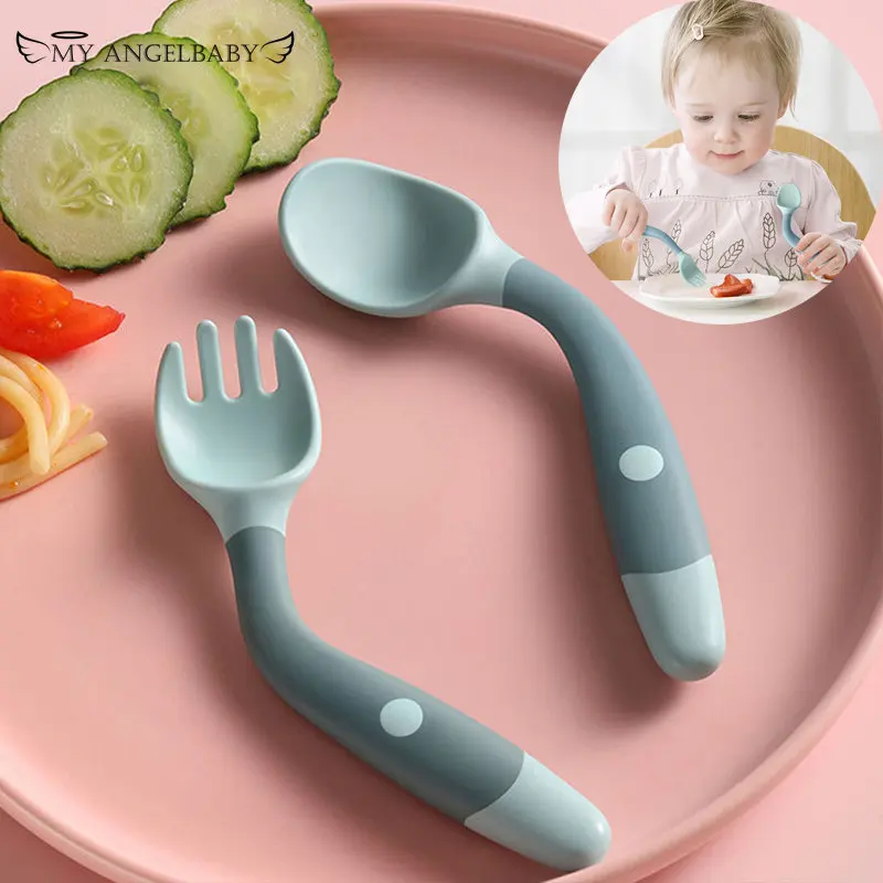 Silicone Spoon Fork 2PCS for Baby Utensils Set Auxiliary Food Toddler Learn To Eat Training Bendable Soft Fork Infant Tableware silicone cutlery set baby feeding spoon