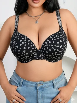 Plus Size Heart Pattern Women's Bra Stylish Push up Bra Rhinestones Adjustable Wide Straps Underwire Thin Cup Comfy Lingerie