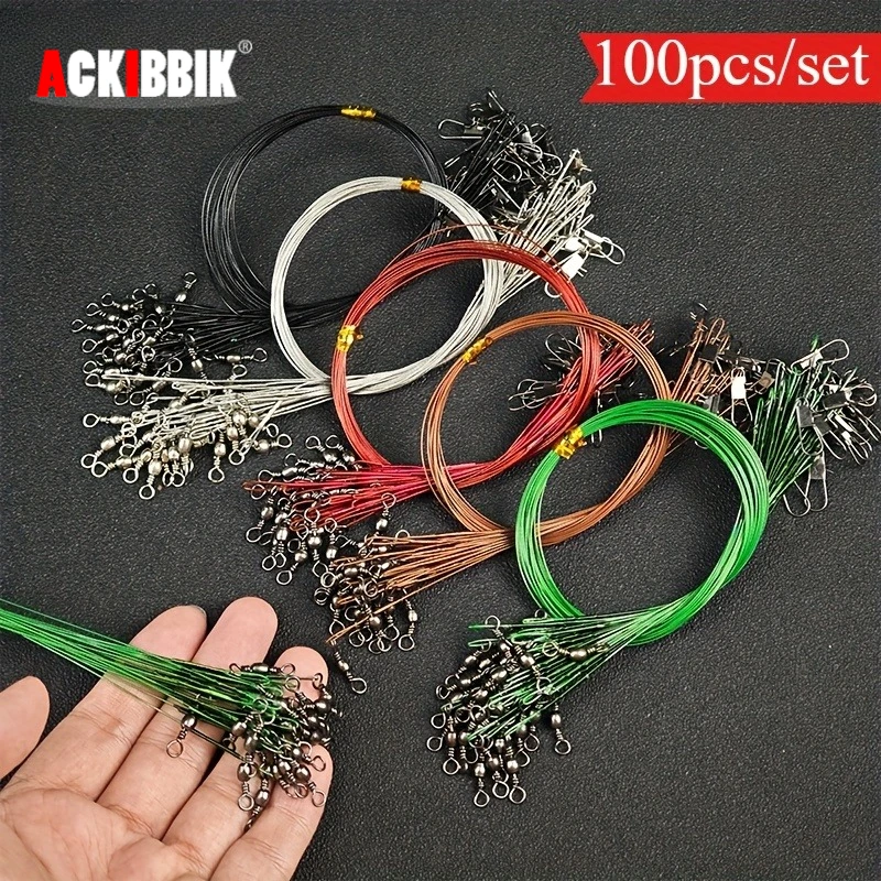 ชุดลวดล่าสัตว์ Ackibbik 100 ชิ้น/ชุด ลวดเหล็กพร้อมห่วงหมุน ป้องกันการกัดแทะ สายเบ็ดตกปลาแกนเหล็ก อุปกรณ์ตกปลา 1