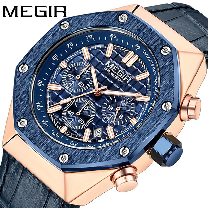 

MEGIR 2213 Quartz Watch Blue Fashion Cool Luminous H Chronograph Date Stainless Steel Leather Strap Wristwatch for Men Clock