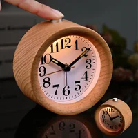 Wooden Clock Handmade Classic Small Round Wood Silent Light Desk Alarm Clock With Desk Lamp for Home dropshipping 1