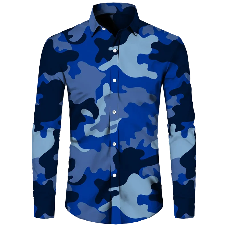 thumbnail image 1 of Camisa de primavera y otoño más nueva para hombre, camiseta de manga larga con estampado 3D de camuflaje, camisa informal con cuello vuelto y botones, camiseta para hombre y mujer, 1 of 5