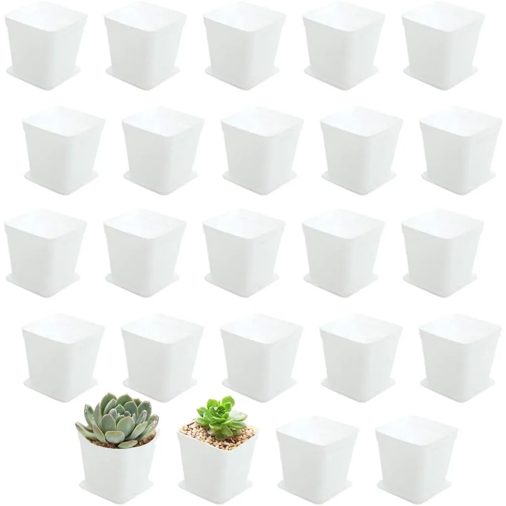 

3inch White Square Plastic Pots with Saucer, Drainage Hole, 24 Pcs, for Flower/Plant, Home,Company,Office and Garden
