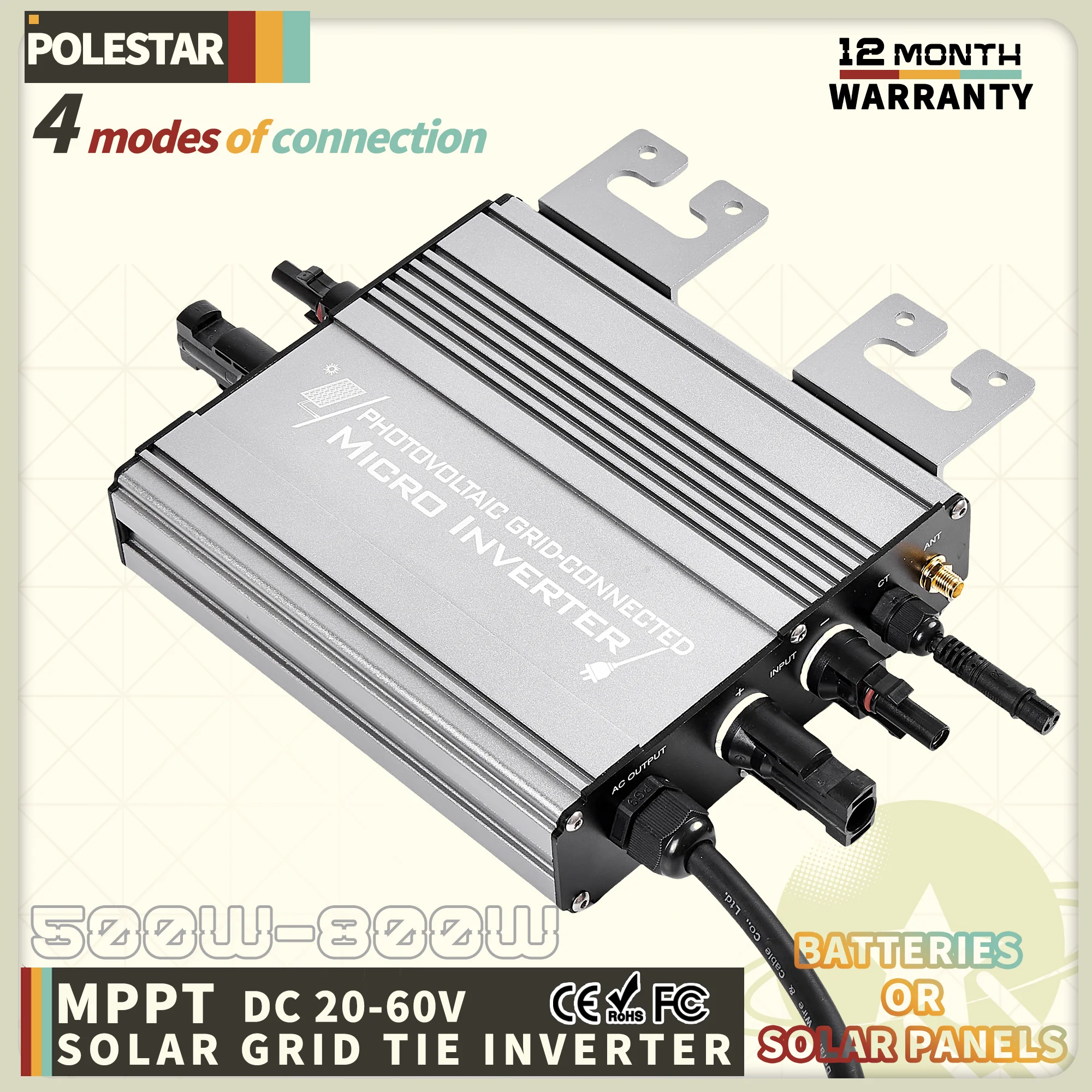 ไมโครอินเวอร์เตอร์แบบเชื่อมต่อกริด 500W/800W 180–265VAC โหมดคู่ (แผงโซลาร์เซลล์/แบตเตอรี่) 20-60VDC, ไม่ส่งออกพลังงาน, ติดตั้งง่าย และประสิทธิภาพ MPPT 1