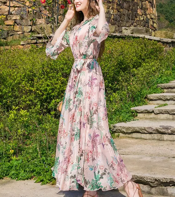 Summer Maxi Dress Floral Printed Loose Chiffon Fashion Abaya Islamic Clothes  Muslim Female France Trumpet Sleeve Long Dress - Dresses - AliExpress