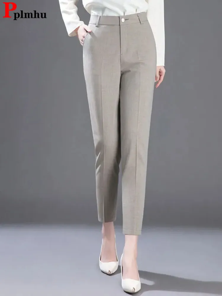 

Elegant Office Women Pencil Pants Korean Casual Basic High Waist Pantalones Slim Fashion Ol Ankle-length Trousers New