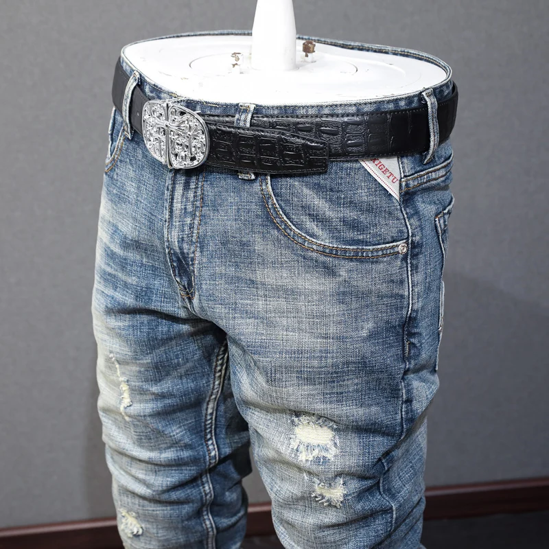 Fashion Designer Men Jeans High Quality Retro Blue Elastic Slim Patched Ripped Jeans Men Embroidery Vintage Denim Pants Hombre