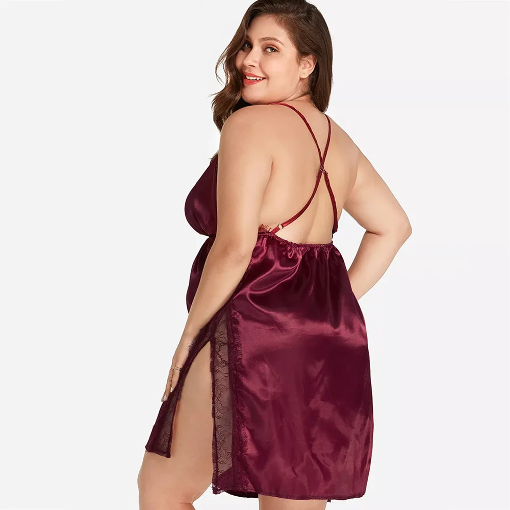 Women Nightgown Plus Size Ladies Lace Sexy Sling Nightdress Women's Satin Sleepwear V-neck Nightgown V-neck Nightwear Sleeping Dress