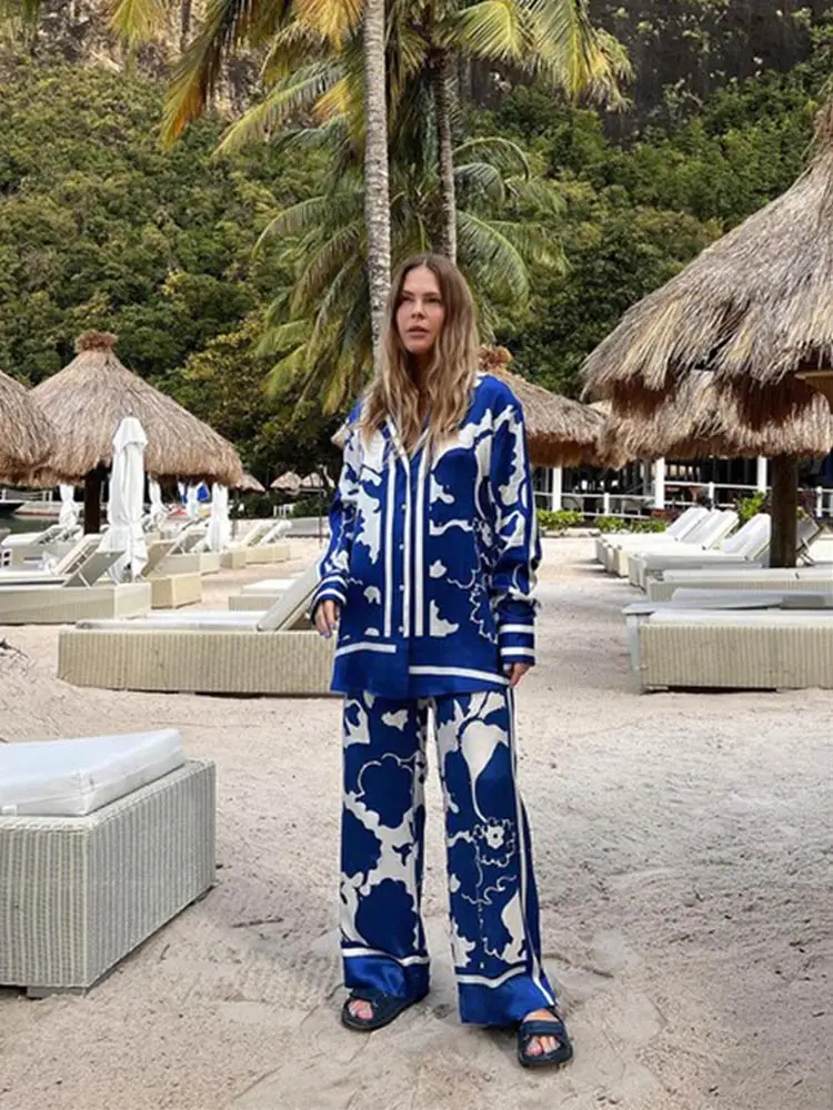 Loose Printing Two-piece Set Elegant Long Sleeve Single Breasted Shirt Wide Leg Pants Sets High Street Lady Suit - Image 2