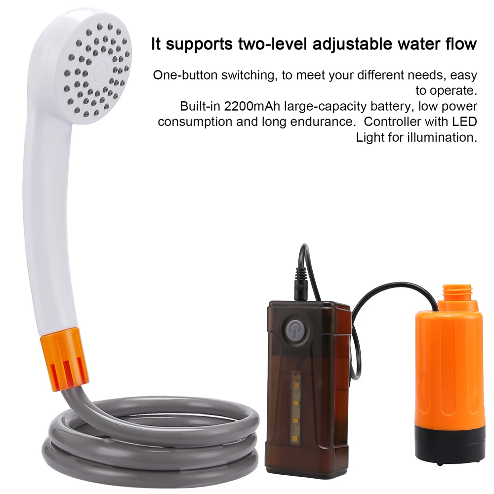 

Outdoor Camping Shower Portable Electric Shower Pump IPX7 Waterproof with 2-Level Water Flow LED Light for Travel Beach Watering