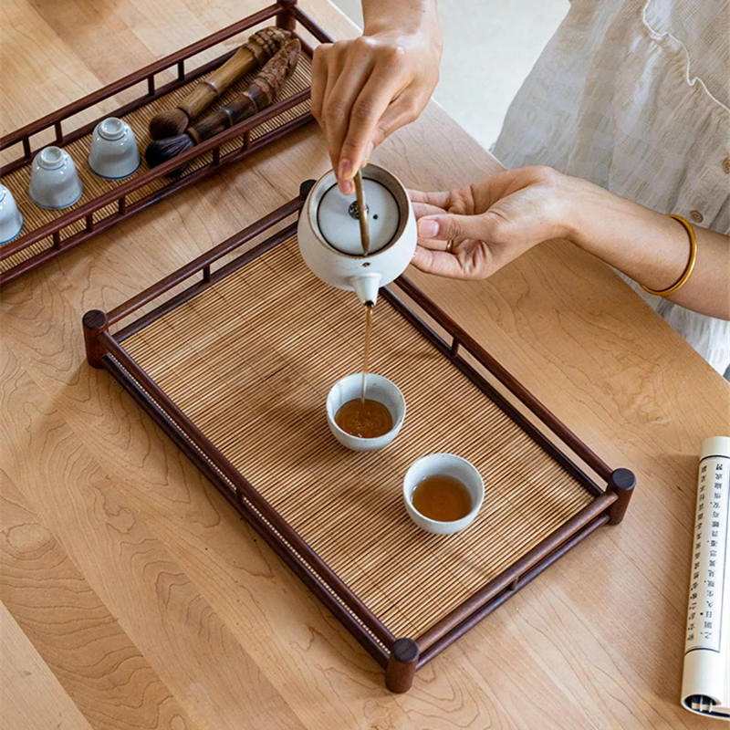 

Solid Wood Tea Tray Rectangular Chinese Kung Fu Tea Bamboo Teaset Storage Tray Retro Elegant Home Kitchen Coffee Tableware Tray