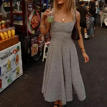 Women Spring Sexy Plaid Tank Dress Women Slim High Waist Folds Hem Midi Long A-line Female Dress 1