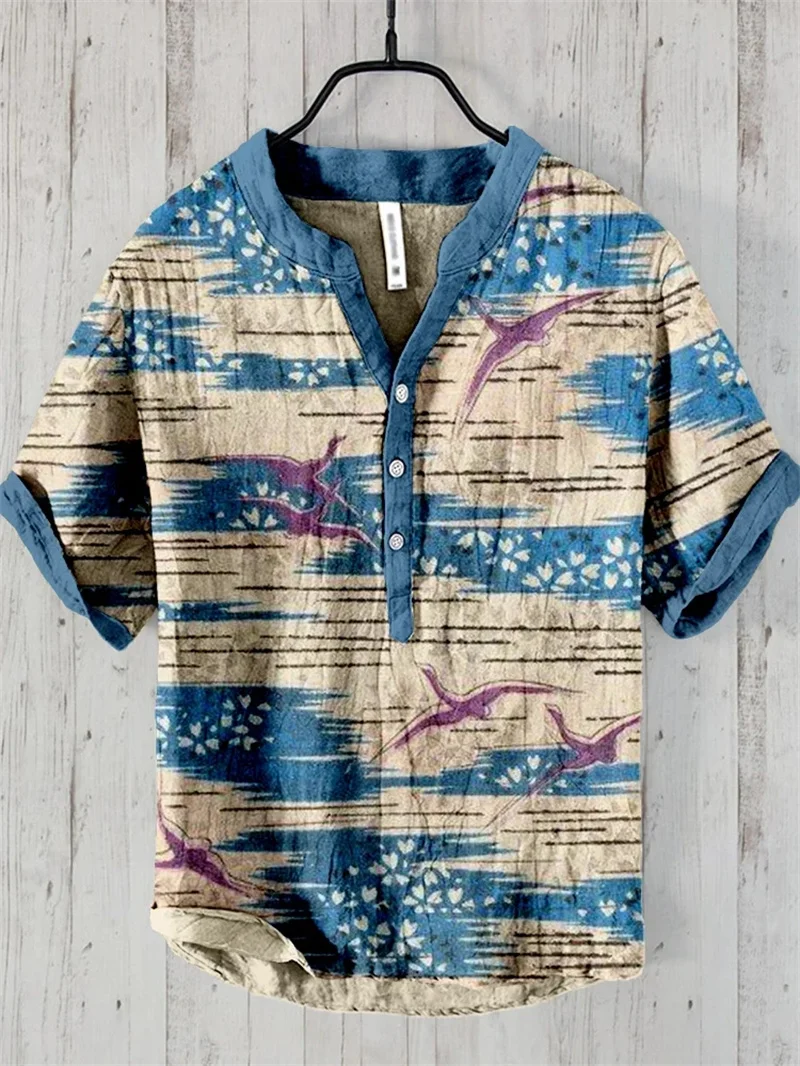 Casual short sleeved Hawaiian linen shirt with cat print Spring and summer