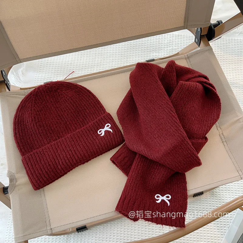 2PC Cute Bow Embroidery Children's Knitted Hat Scarf 2-piece Set Solid Color Girl Baby Versatile Set