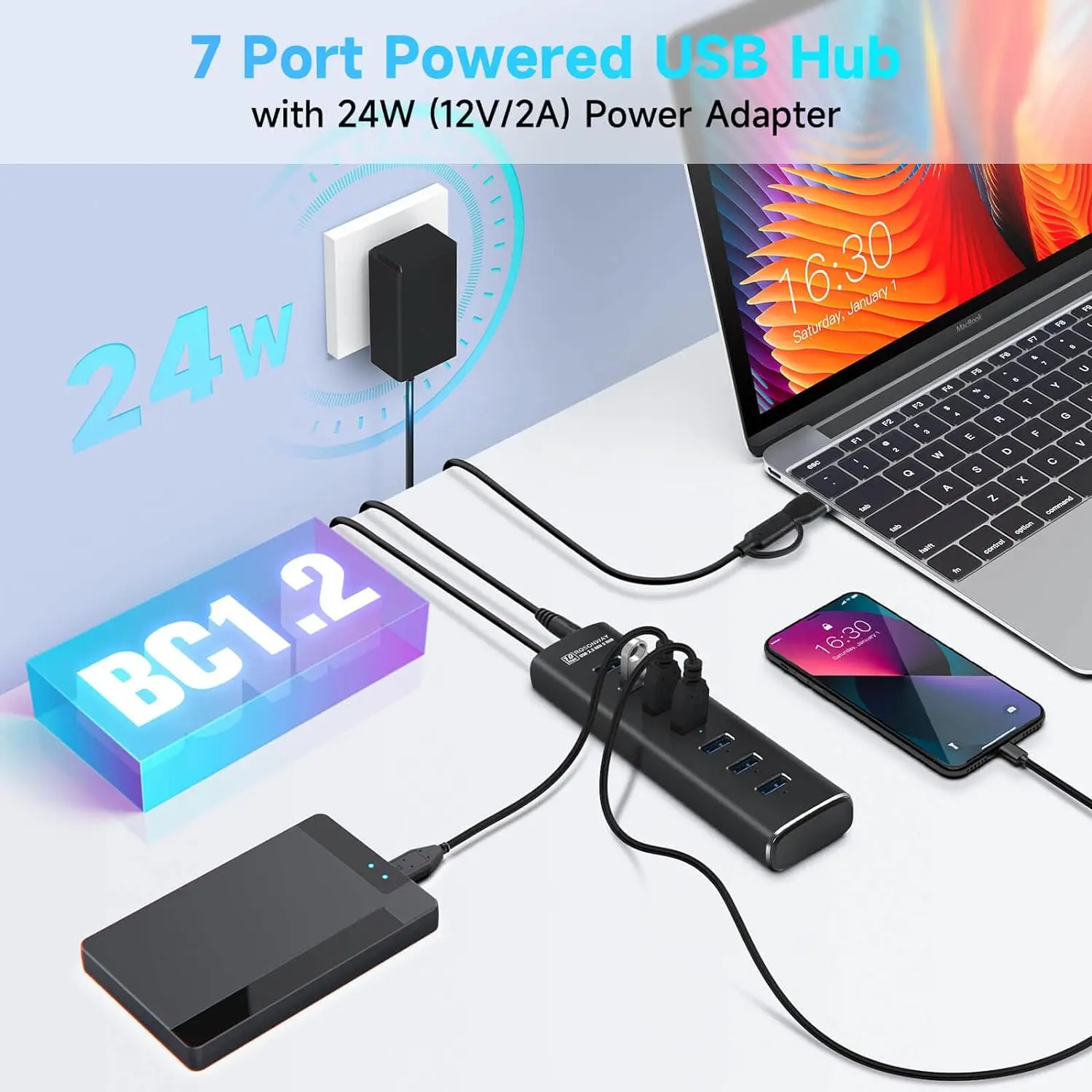RSHTECH USB Hub 7 Ports USB 3 2 Gen 2 Splitter 10Gbps USB-A to USB-C Data Cable Individual Switches USB C Hub for Laptop PC 4