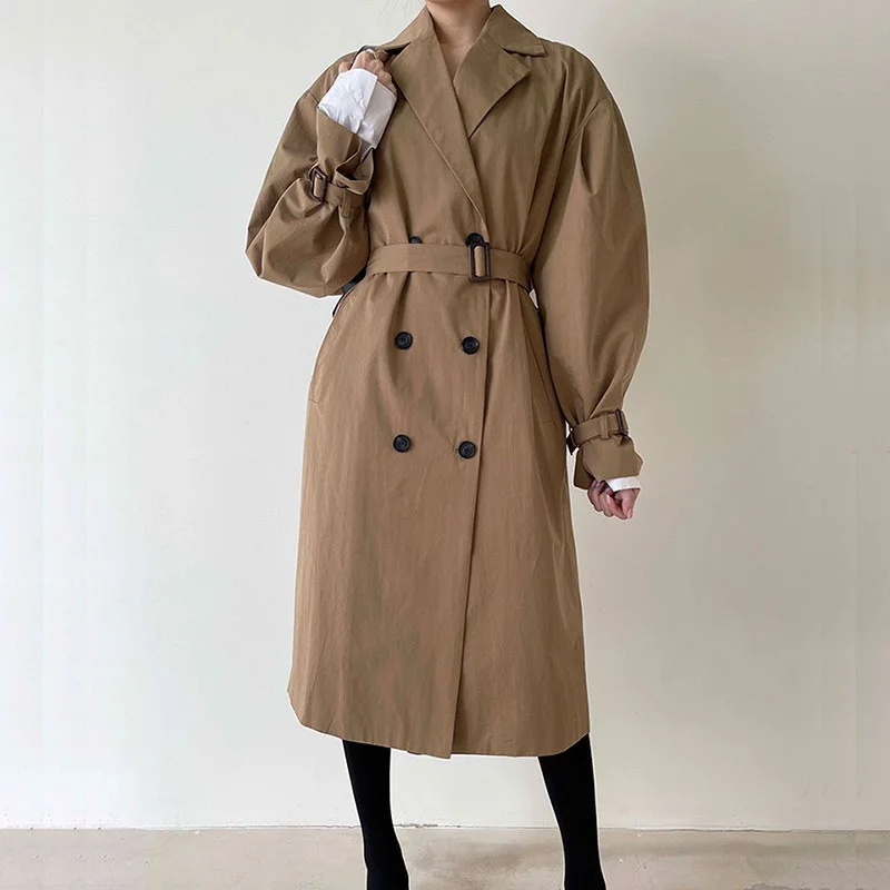 

Spring Autumn British Style Mid-Length Windbreaker Women Double-breasted Lapel Long Sleeve Trench Coat Casual Chaqueta Mujer