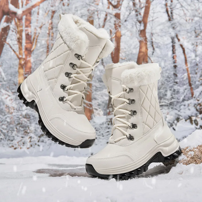 New Winter Women Boots High Quality Thick Plush Snow Boots Lace-up Comfort Ankle Boots Outdoor Waterproof Hiking Boots Size36-42