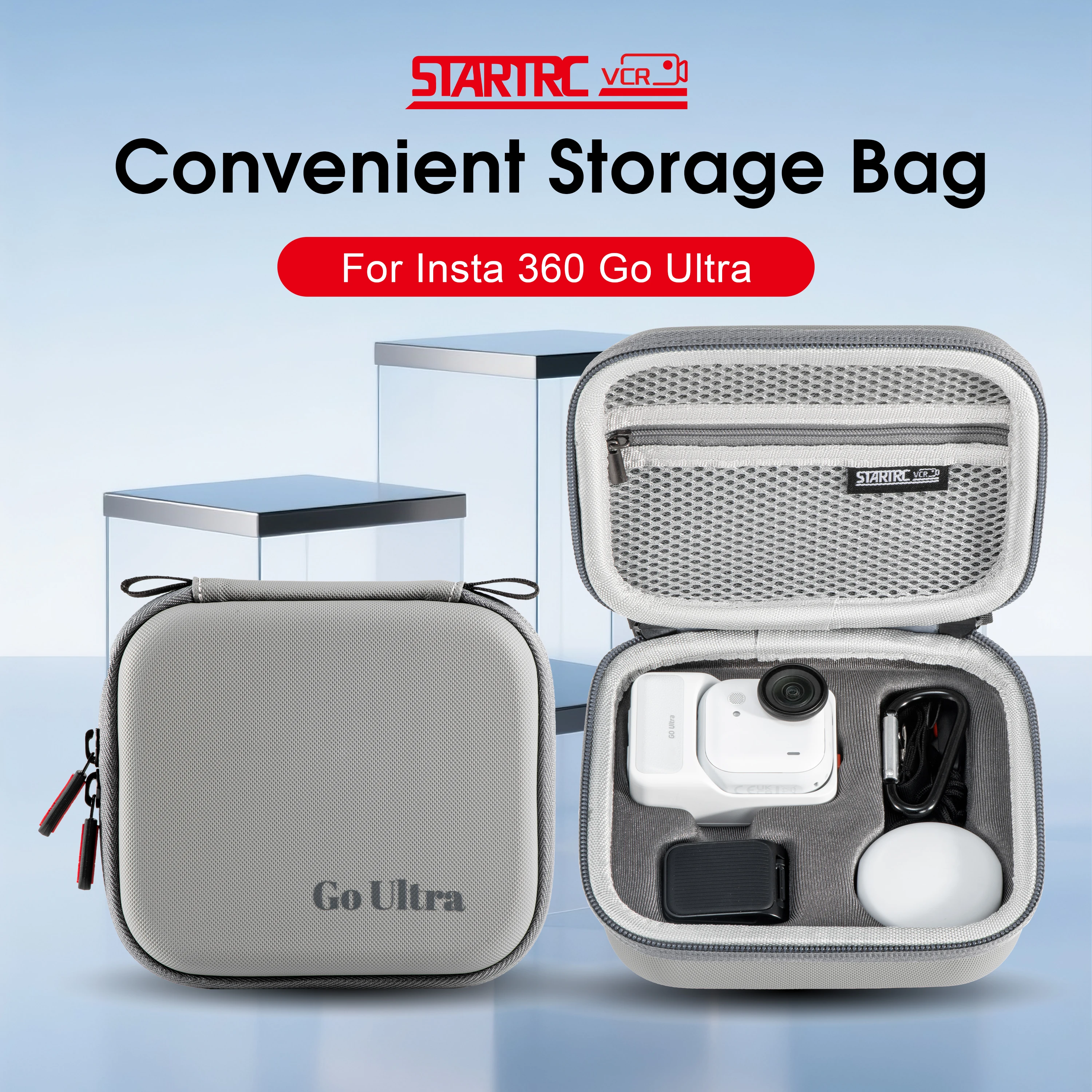 Sac étanche pour Insta360 GO, coque rigide et fermeture étanche, flottant à la surface de l'eau.