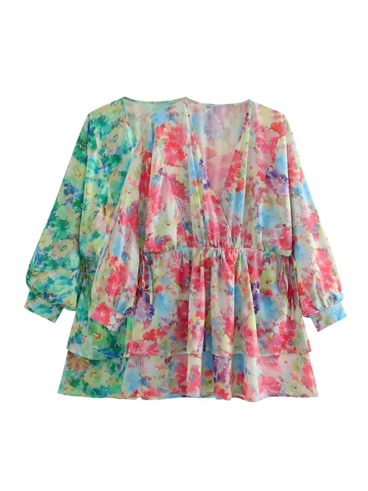 

TRAF Women Fashion With Drawstrings Floral Print Mini Dress Vintage Long Sleeve Elastic Waist Female Dresses Vestidos Mujer