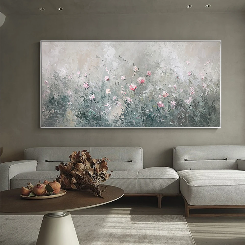 

Hand Painted Pink Flower Wall Art Abstract Knife Floral Oil Painting on Canvas Horizontal Wall Art for Home Bedroom Decoration