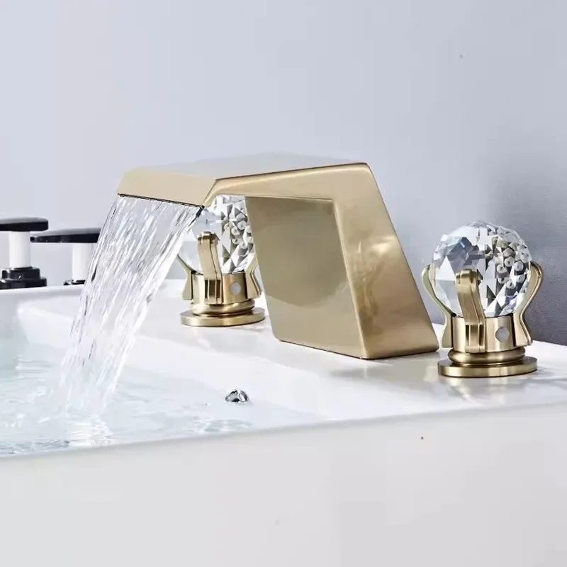 Tuqiu Luxury Brushed Gold Bathroom Faucet Brass Widespread Basin Sink 3 Hole Hot Cold Black  Water Tap