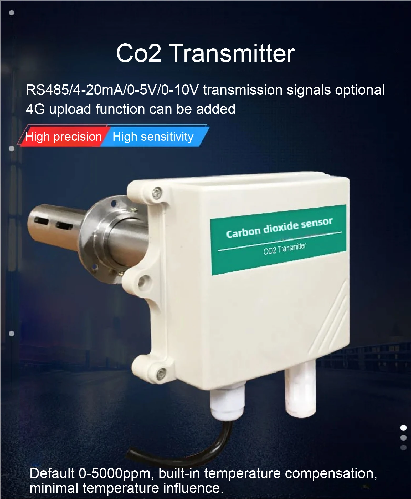 Duct CO2 Sensor RS485 4‑20mA 0‑5V 0‑10V IP65 Industrial Pipeline CO₂ Transmitter