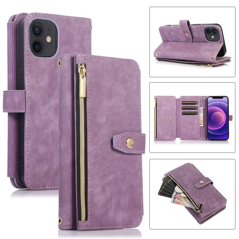 Elegant Flip Leather Phone Case with Long Lanyard and Zipper Wallet