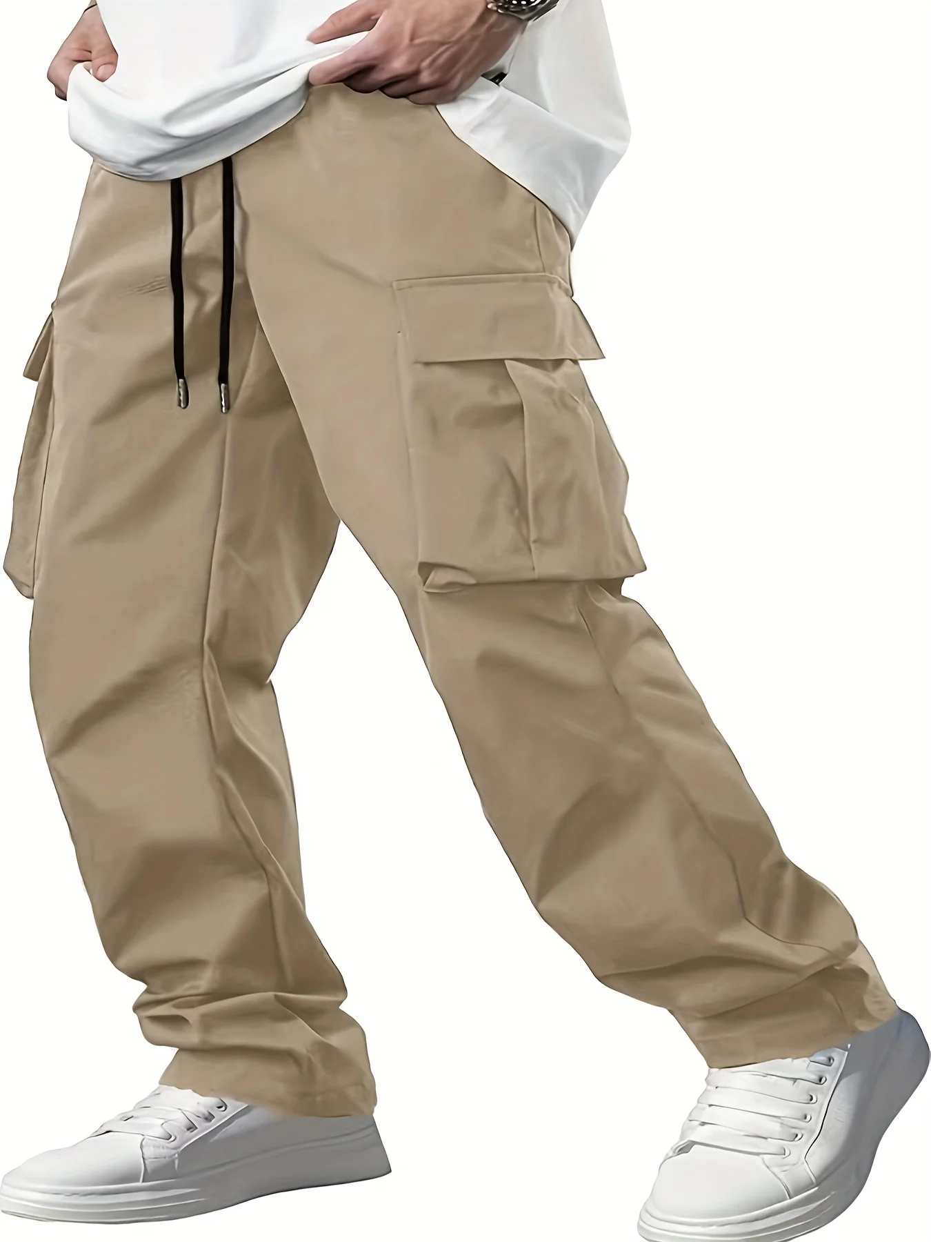 Woven fabric new hot selling solid color casual stock ordinary Men's casual loose straight tube workwear drawstring multi pocket 3