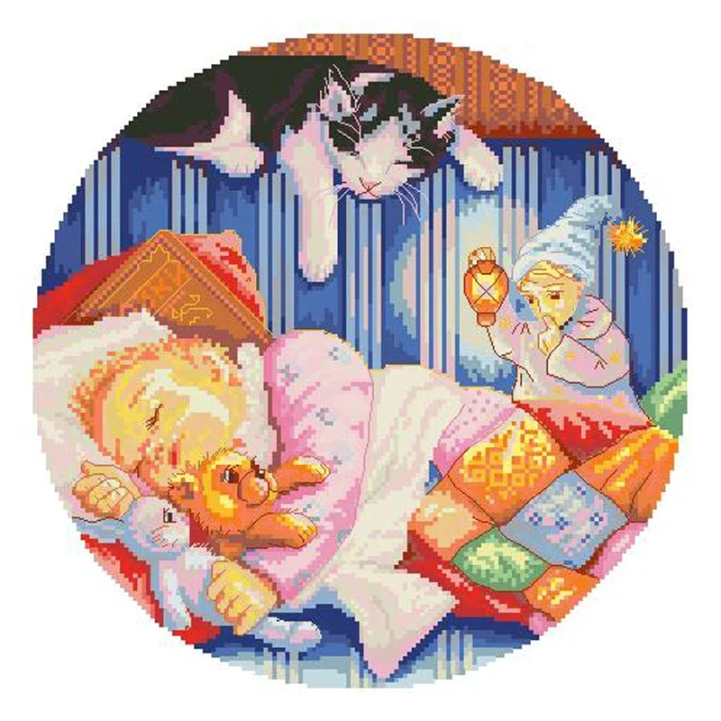 Коллекция Amishop Gold, Набор для вышивки крестиком Sandman-Keeper Of Kids Dre, Спящий ребенок и кошка, Ангел D-1300