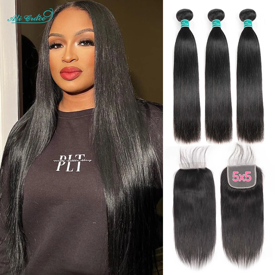 Ali Grace 5x5 Closure With Bundles Straight Hair 3 Bundle With Closure Brazilian Human Hair Weave Transparent Lace 30 32