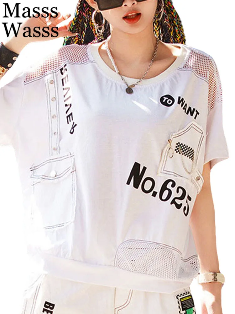 

Masss Wasss Streetwear 2023 Womens Summer Classic Loose Sexy Mesh Printed Tee Shirts Ladies Luxury Casual Tops Fashion Clothes