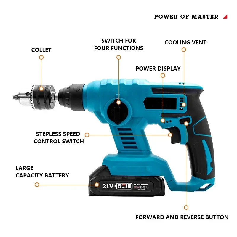 21V Brushless Two Pit Two Slots Electric Hammer Demolitiom Hammer Cordless Electric Percussion Wall Drilling Concrete Power Tool 3