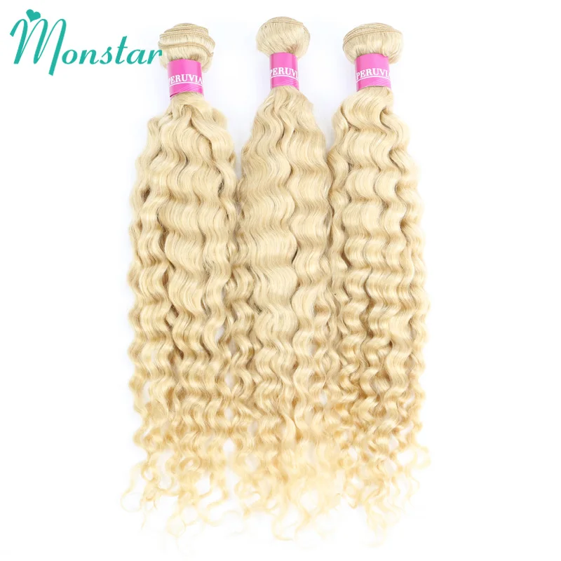 Monstar 613 Deep Wave Hair Malaysian Curly Human Hair Weave Bundle 28 30 inch Deep Curly Platinum Blonde Hair 1 3 4 Bundle Deals 3