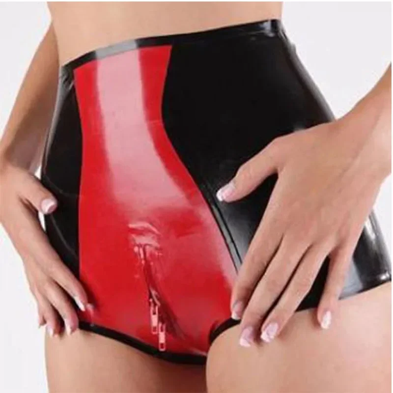 

High Waist Latex Shorts Rubber Red and Black Boxer Handmade Underwear With Front Zipper